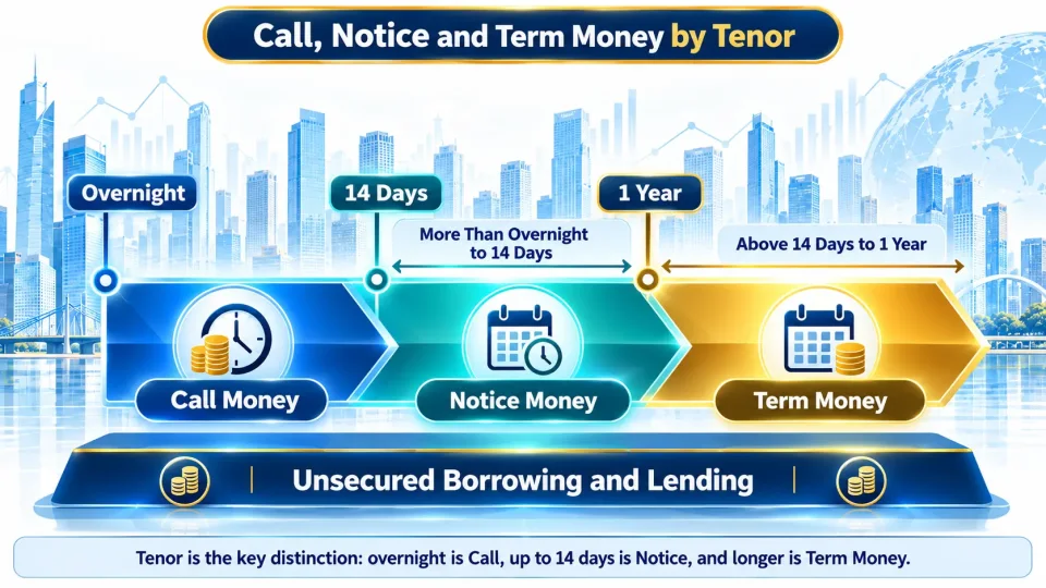 Timeline comparing Call Money, Notice Money and Term Money according to their overnight, up to 14-day and up to one-year tenors.