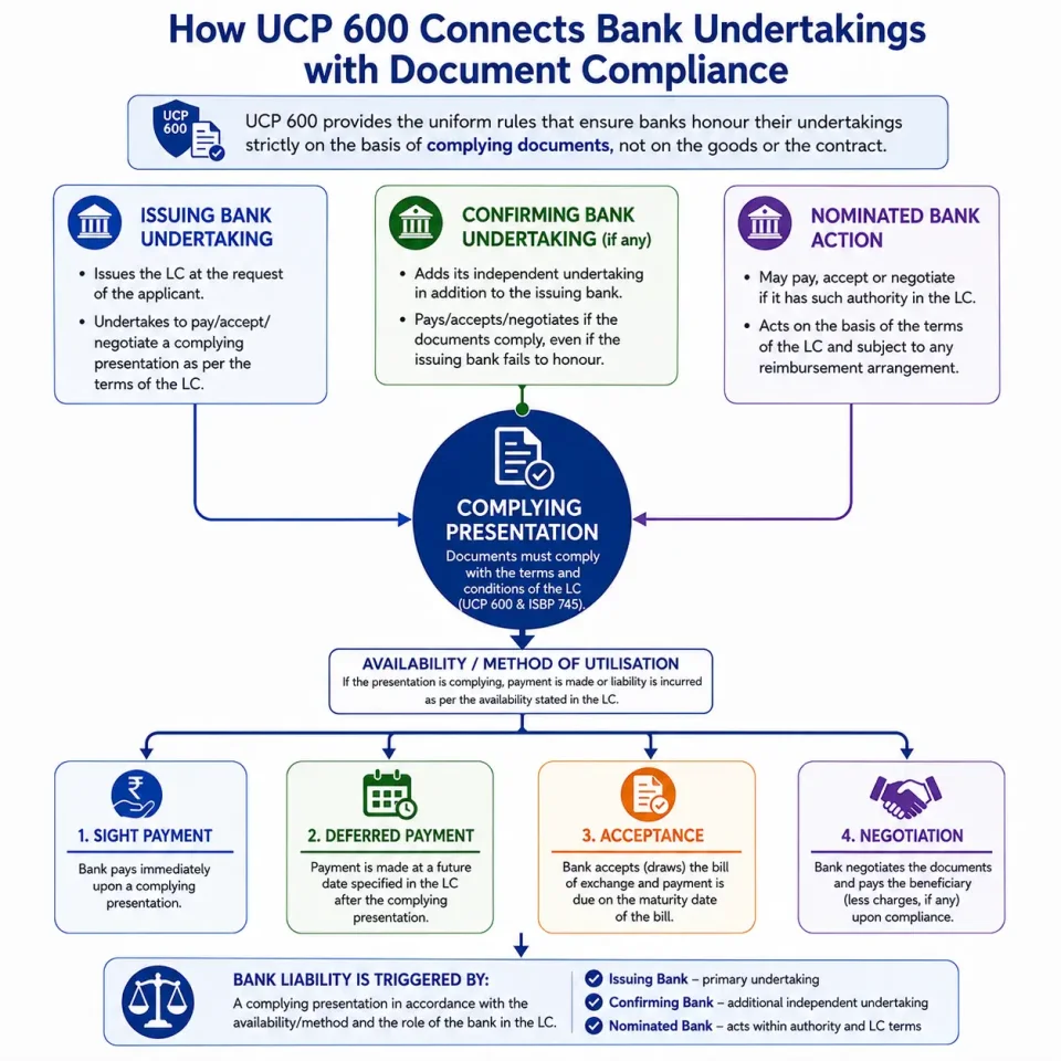 Concept map explaining how a complying presentation activates issuing-bank or confirming-bank undertakings under different UCP 600 availability methods.