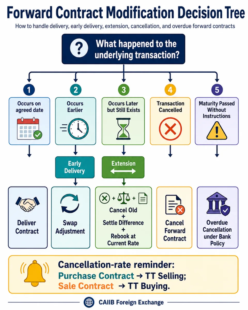 Decision tree showing how to handle delivery, early delivery, extension, cancellation and overdue forward foreign exchange contracts.