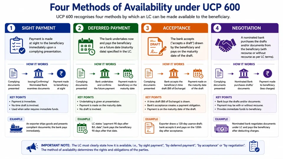 Comparison infographic explaining sight payment, deferred payment, acceptance and negotiation as four methods of availability under UCP 600.