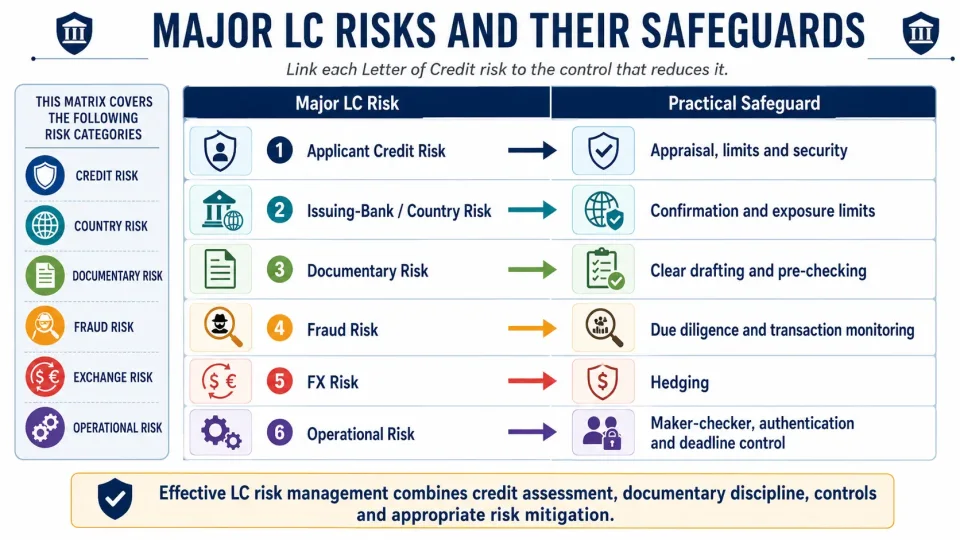 Risk matrix showing major Letter of Credit risks and the banking safeguards used to reduce credit, documentary, country, fraud, exchange and operational risks.