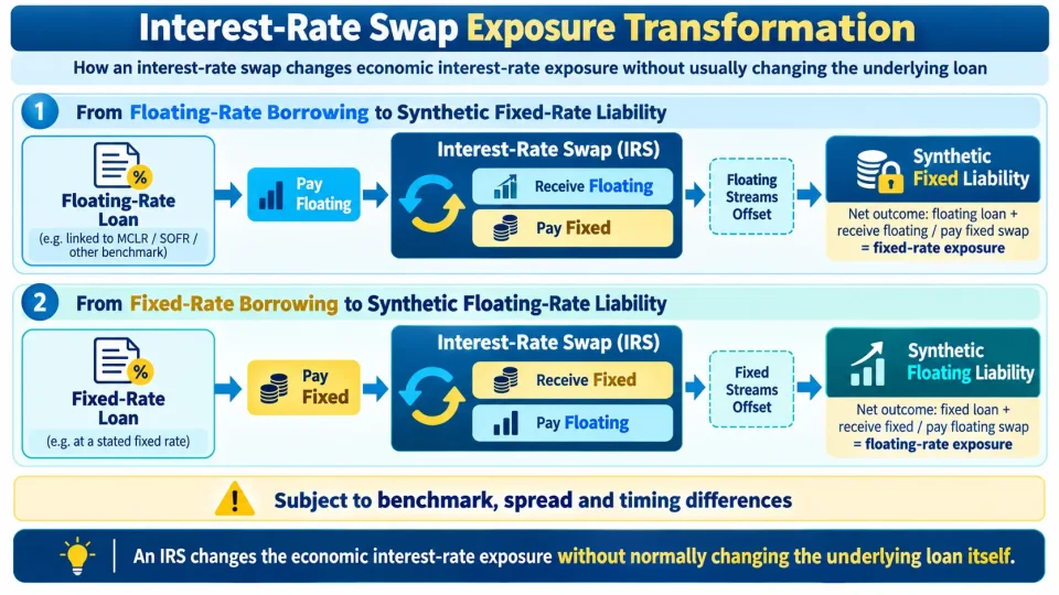 Transaction-flow diagram showing how interest-rate swaps can convert floating-rate borrowing into fixed-rate exposure and fixed-rate borrowing into floating-rate exposure.