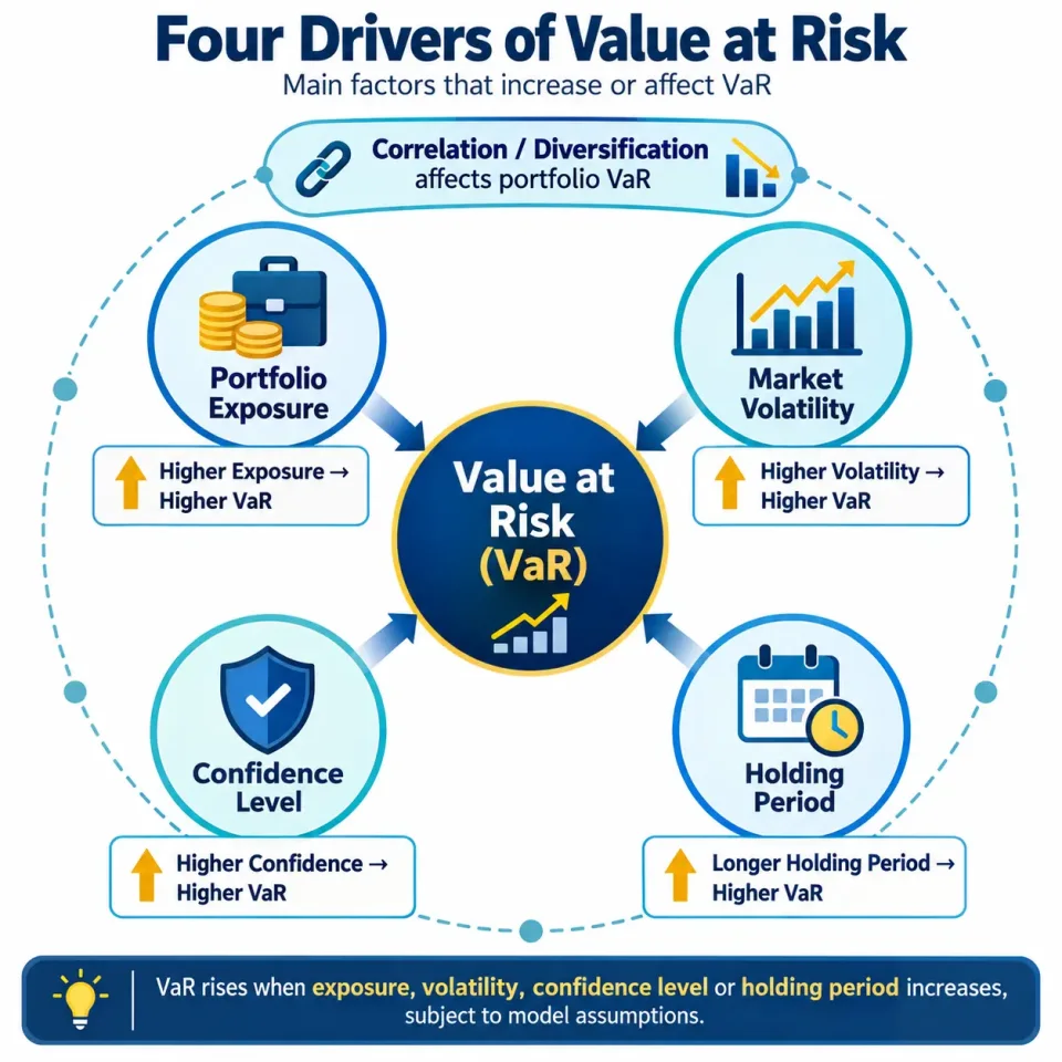 Concept map showing exposure, volatility, confidence level and holding period as the main drivers of Value at Risk.