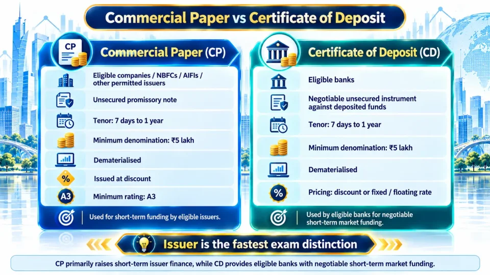 Comparison of Commercial Paper and Certificate of Deposit showing issuers, tenor, denomination, pricing and credit-rating requirements.