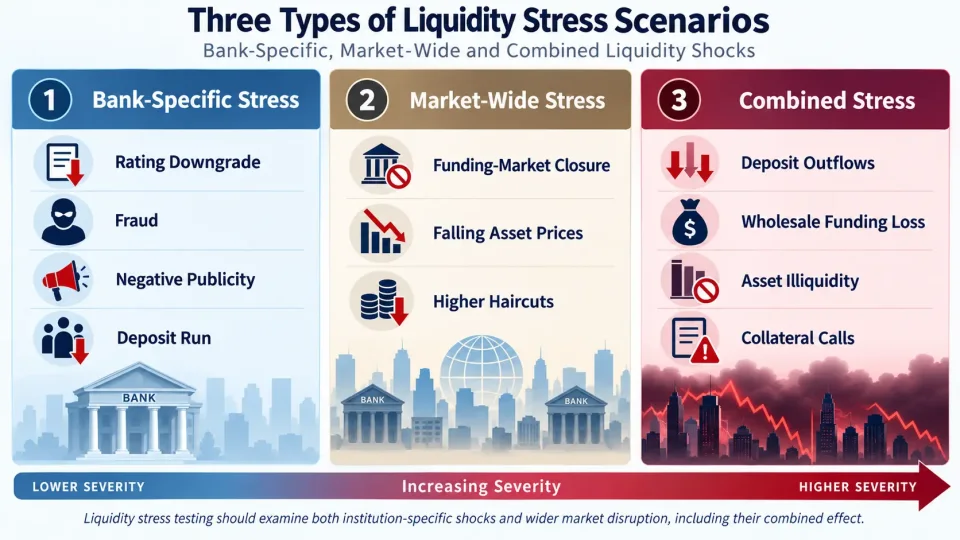 Comparison infographic explaining bank-specific, market-wide and combined liquidity stress scenarios and their major funding effects.