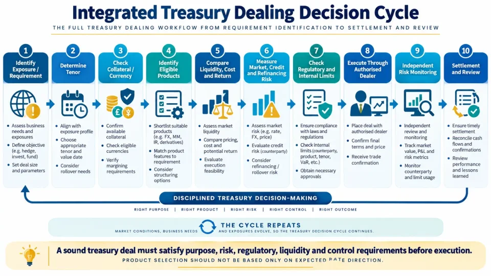 Process diagram showing the complete treasury dealing decision from identifying the requirement through product selection, risk checks, execution and settlement.