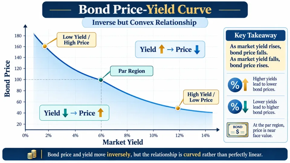 Curved bond price-yield relationship showing higher bond prices at lower yields and lower prices at higher yields.