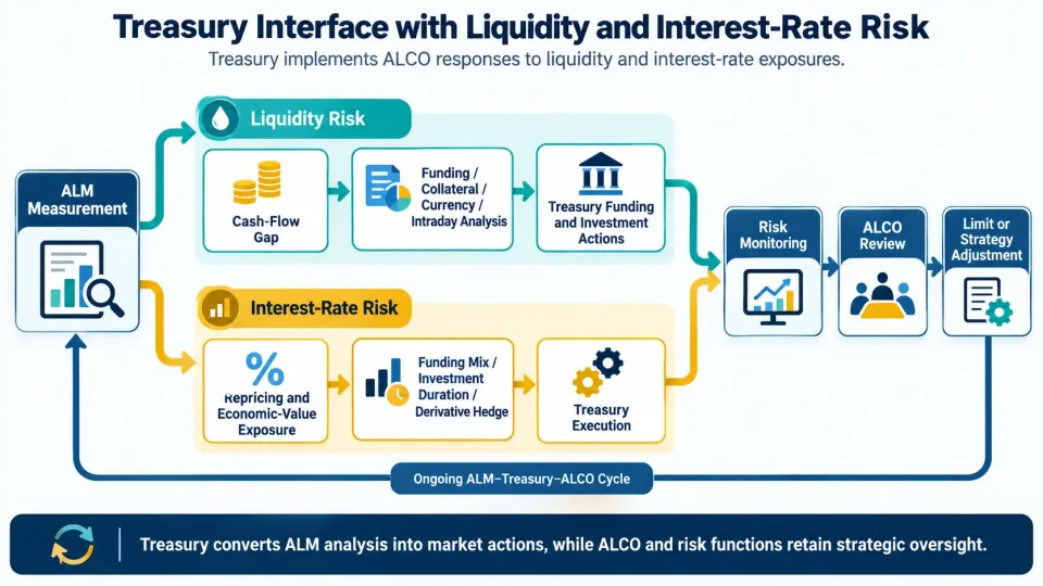 Process diagram showing how treasury implements ALCO responses to liquidity gaps and interest-rate exposures and feeds results back into risk monitoring.