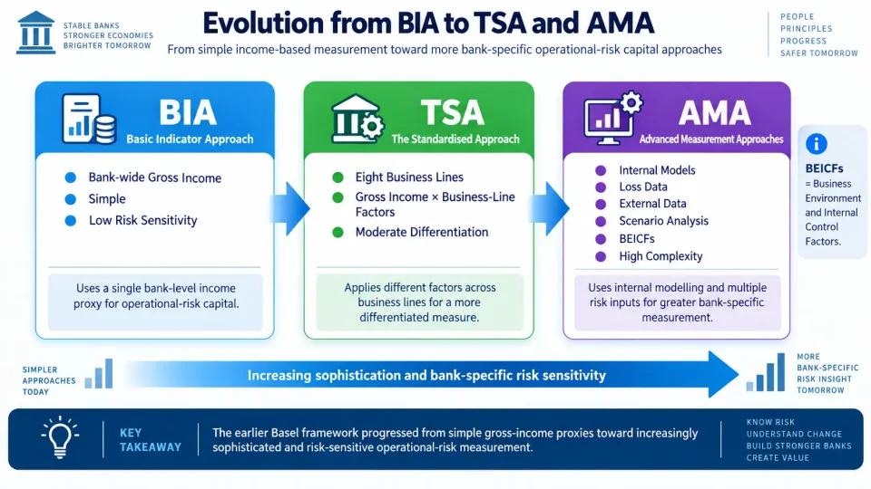 Comparison infographic showing the progression from Basic Indicator Approach to Standardised Approach and Advanced Measurement Approaches for operational-risk capital.