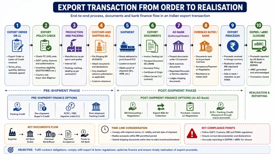 Process diagram showing the complete Indian export transaction from export order and Customs clearance to bank finance and realisation of export proceeds.