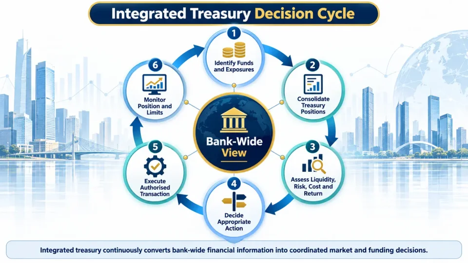 Process diagram showing the integrated treasury cycle from identifying positions through consolidation, assessment, execution and continuous monitoring.