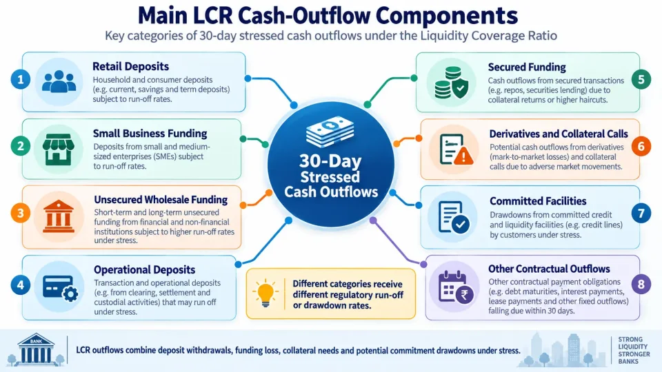 Concept map explaining the main retail, wholesale, secured, derivative and contingent cash-outflow components used in the LCR.