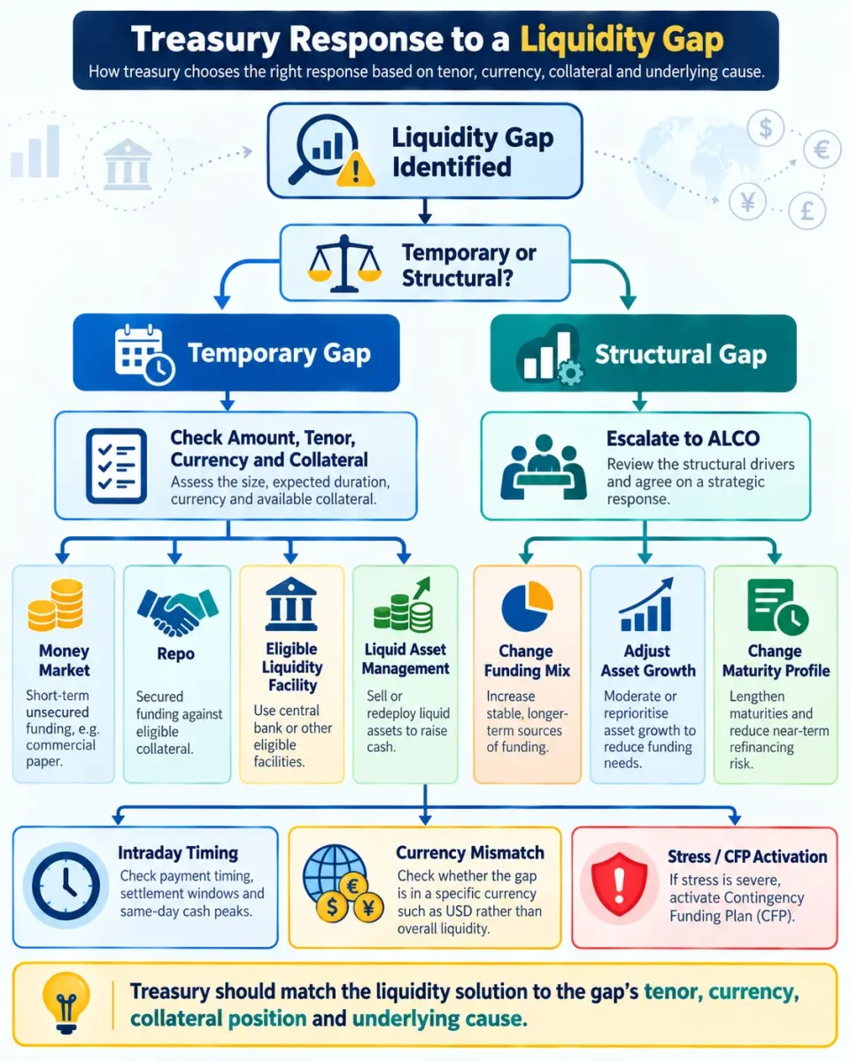 Decision tree showing how treasury distinguishes temporary, structural, intraday and currency liquidity gaps before choosing a funding response.