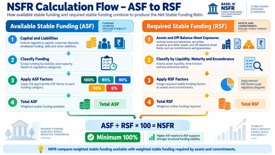 Process diagram showing how capital and liabilities generate ASF while assets and off-balance-sheet exposures generate RSF for NSFR calculation.