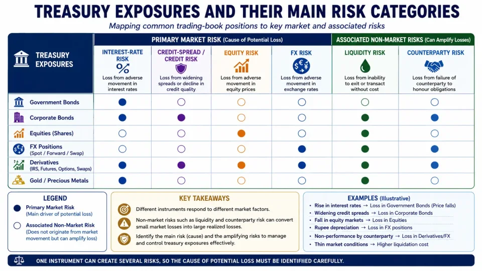 Risk matrix linking common bank treasury positions with interest-rate, spread, equity, FX, liquidity and counterparty risks.