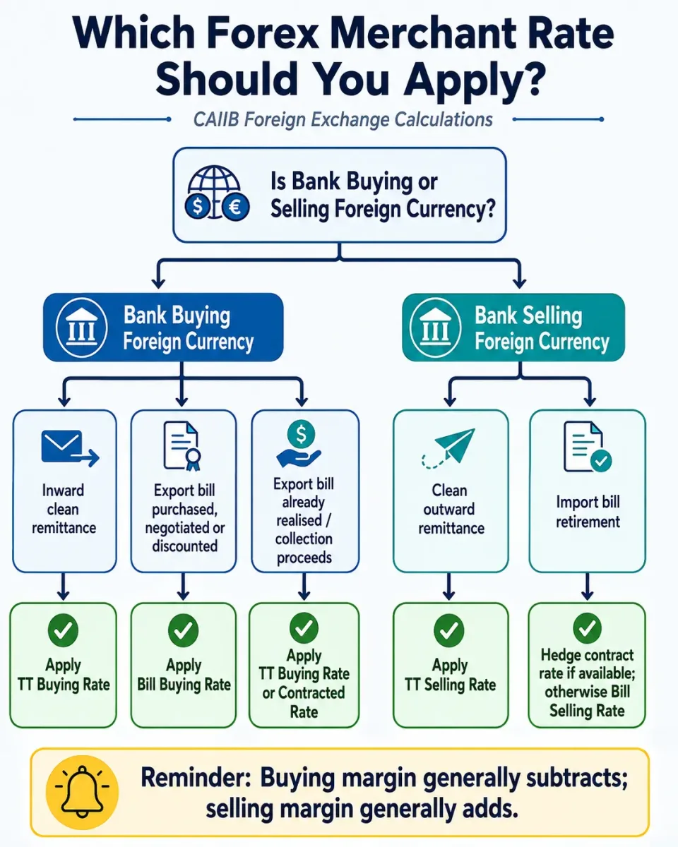 Decision tree showing when to use TT buying, bill buying, TT selling or bill selling rates in CAIIB foreign exchange calculations