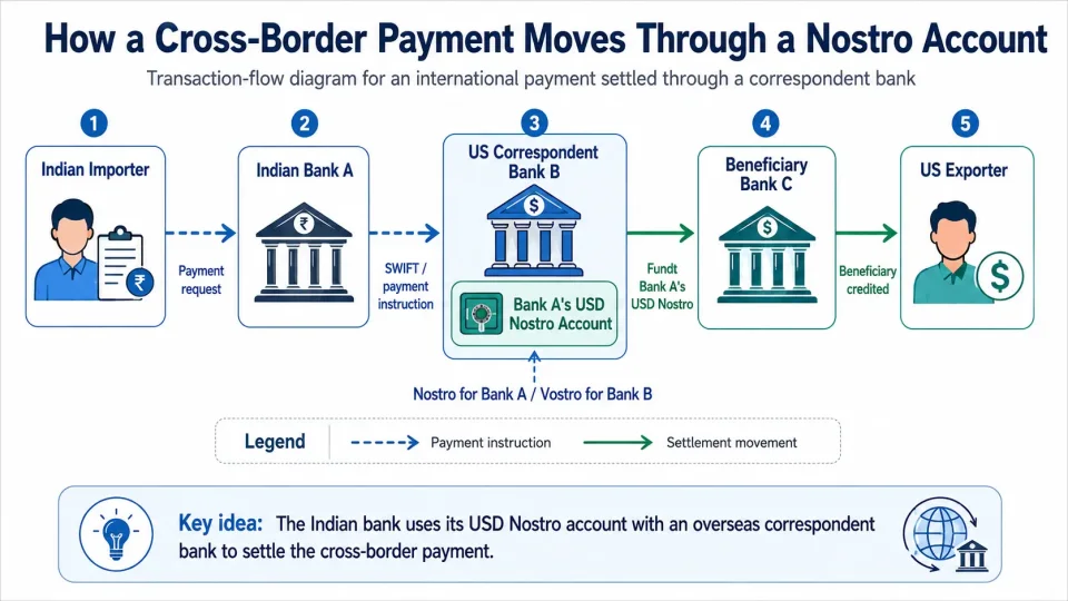 Transaction-flow diagram explaining how an international payment is settled through an Indian bank's USD Nostro account with an overseas correspondent bank.