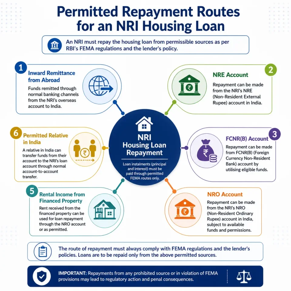 Concept map showing the permitted sources for repayment of an NRI housing loan under RBI's FEMA framework.