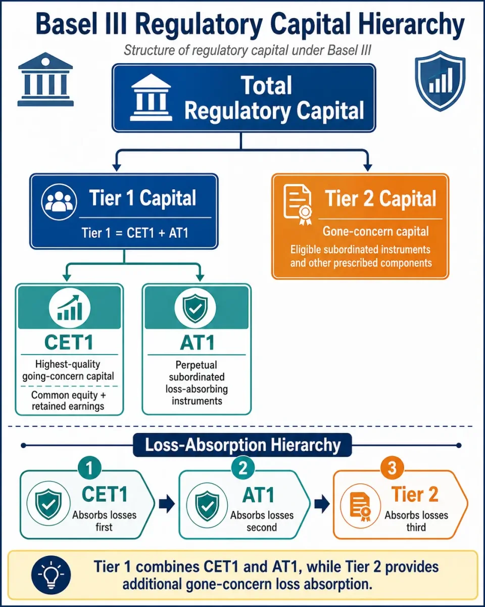 Hierarchy explaining how Basel III regulatory capital is divided into CET1, Additional Tier 1, Tier 1 and Tier 2 capital.