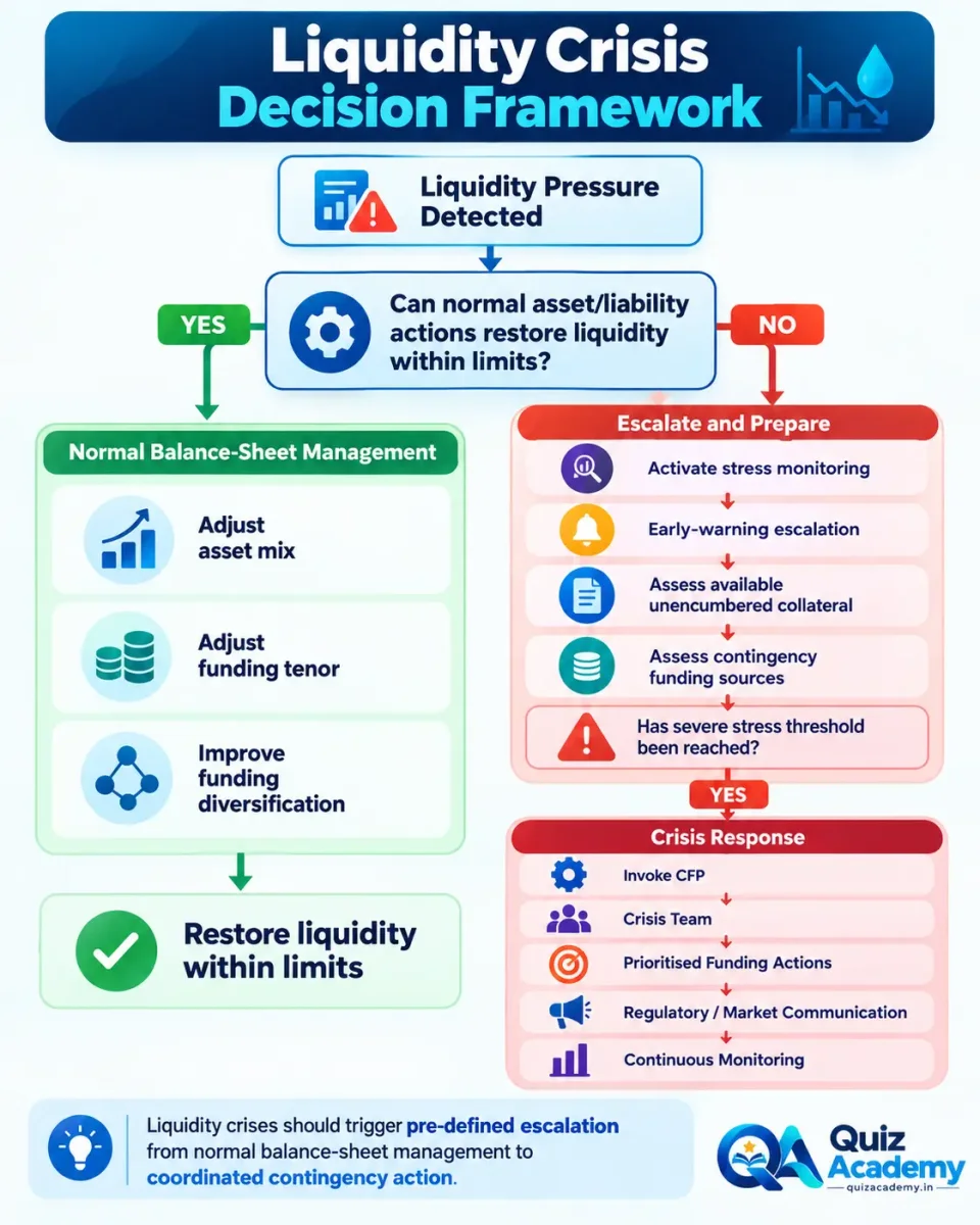 Decision tree showing how a bank moves from normal liquidity-management actions to stress escalation and Contingency Funding Plan activation.