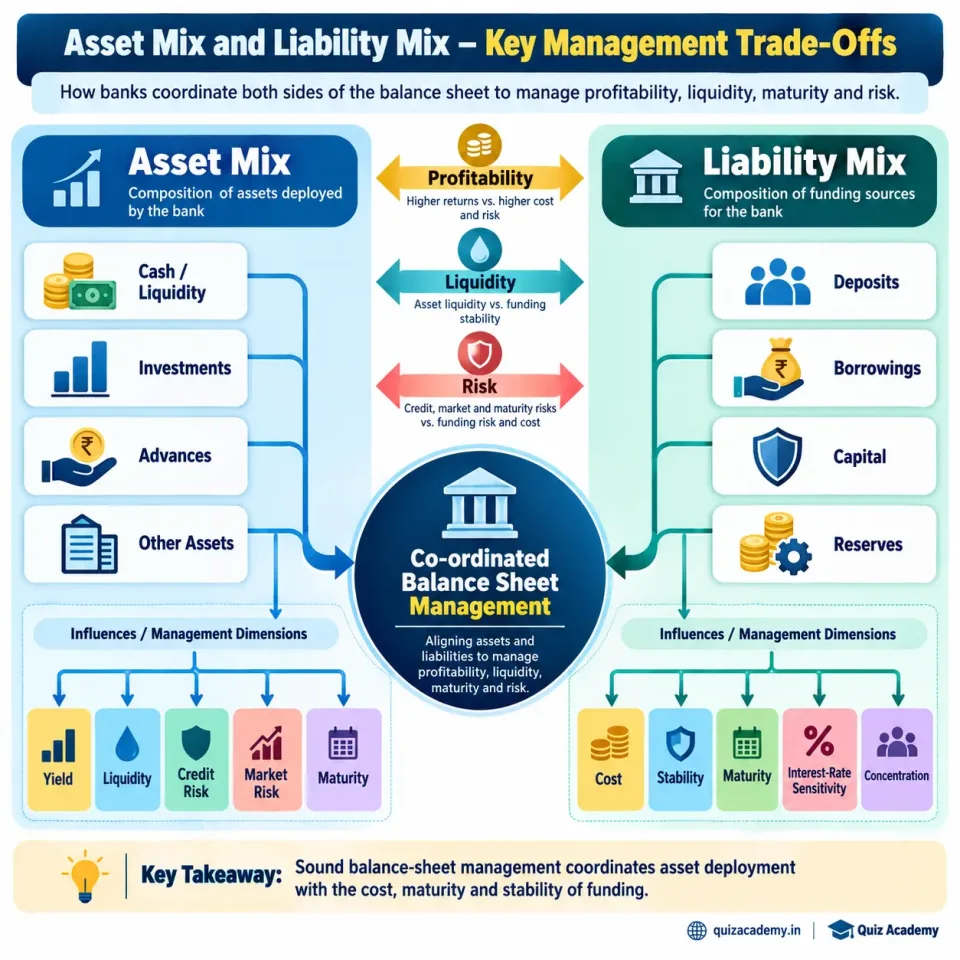 Concept map showing how banks coordinate asset mix and liability mix to manage profitability, liquidity, maturity and financial risks.