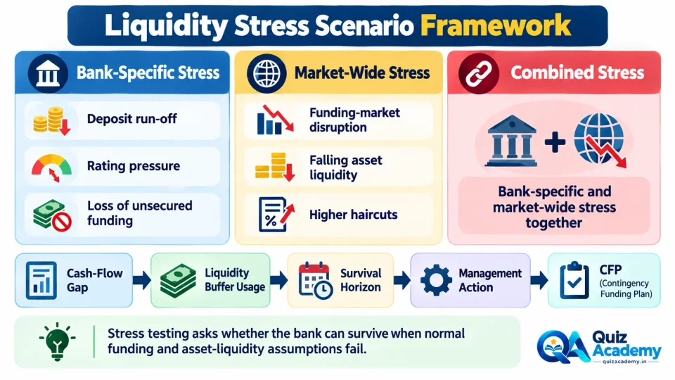 Comparison infographic showing bank-specific, market-wide and combined liquidity stress scenarios and how they affect liquidity planning.