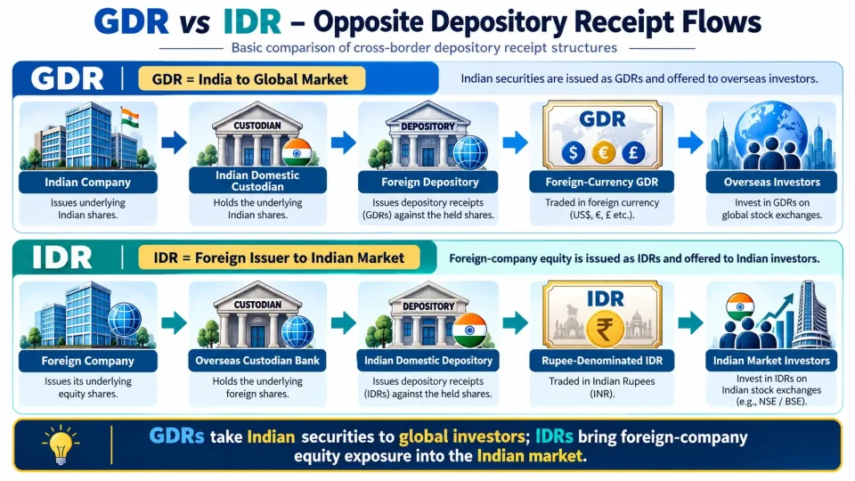 Comparison infographic showing GDRs carrying Indian securities to overseas investors and IDRs representing foreign-company shares in the Indian securities market.