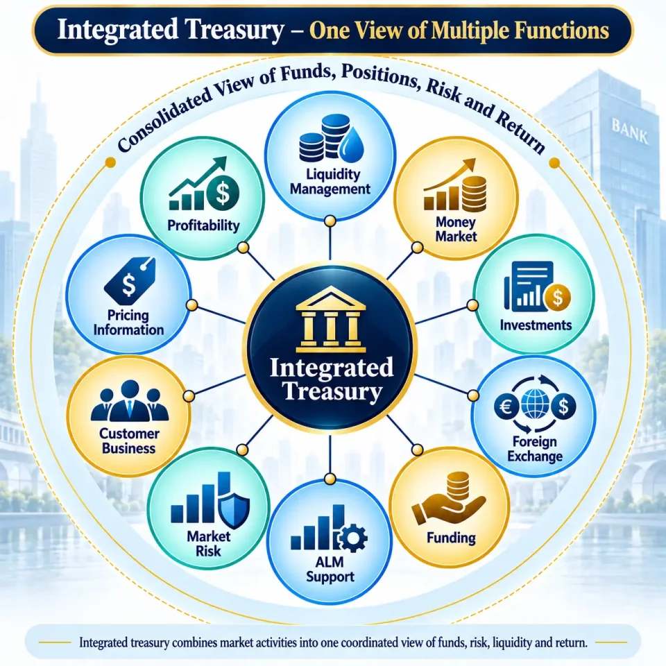 Concept map showing how integrated bank treasury coordinates liquidity, funding, investments, forex, money markets, ALM, risk and customer business.