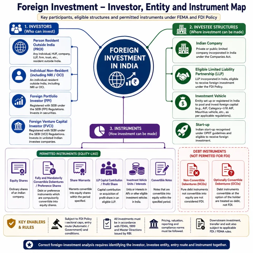 Concept map showing major foreign investors, eligible Indian investee structures and permitted foreign-investment instruments under FEMA.