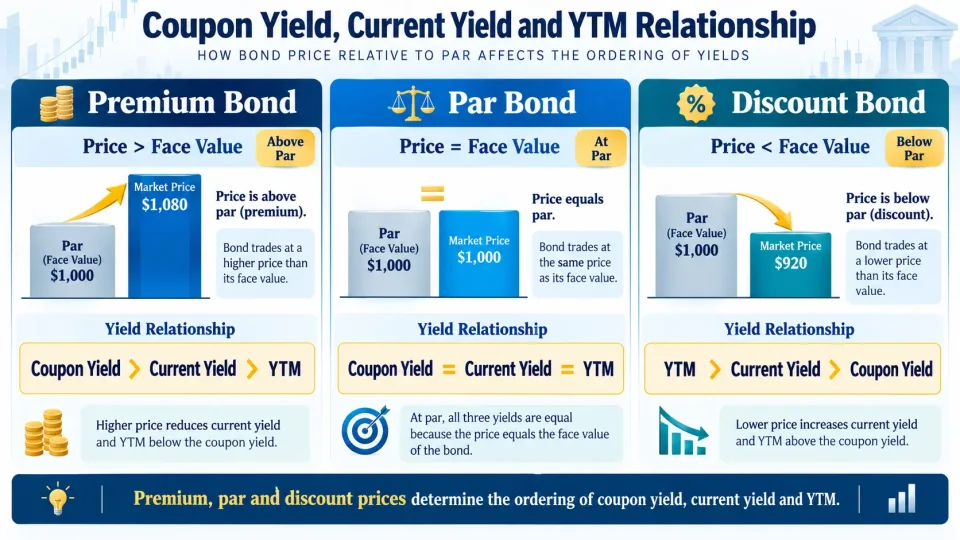 Comparison infographic showing coupon yield, current yield and YTM relationships for premium, par and discount bonds.