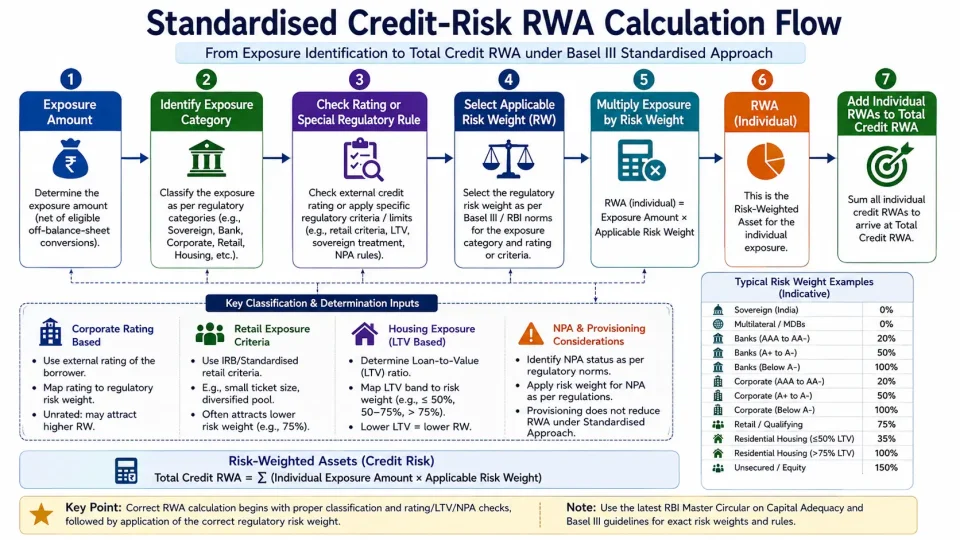 Process diagram explaining how a bank classifies credit exposures, selects regulatory risk weights and calculates Risk-Weighted Assets.