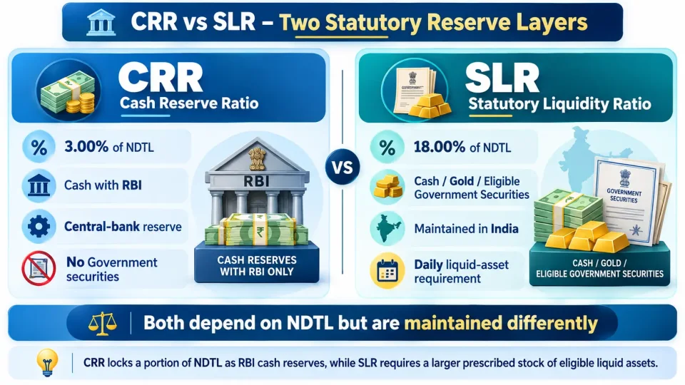 Comparison infographic showing current CRR and SLR rates, eligible assets, maintenance location, and their relationship with NDTL.