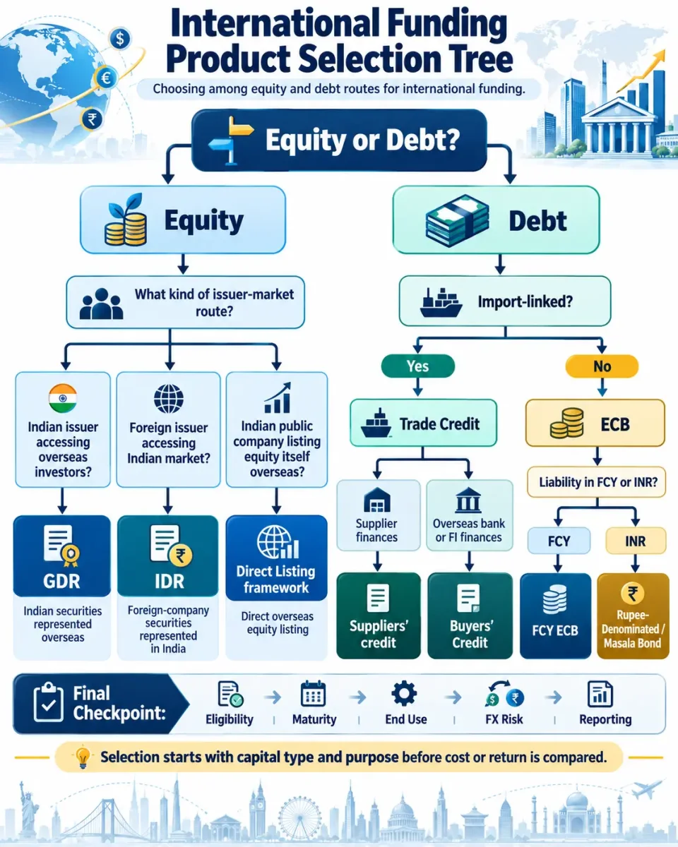 Decision tree showing selection among GDR, IDR, ECB, Trade Credit and Rupee-Denominated Bonds based on equity, debt, issuer, import purpose and currency.