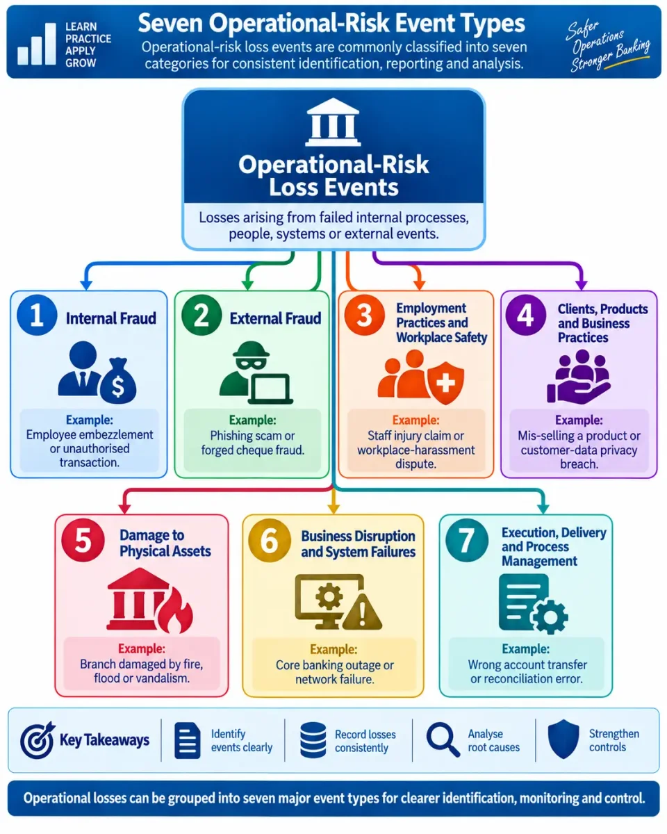 Hierarchy showing the seven RBI operational-risk loss-event categories with simple banking examples for each event type.