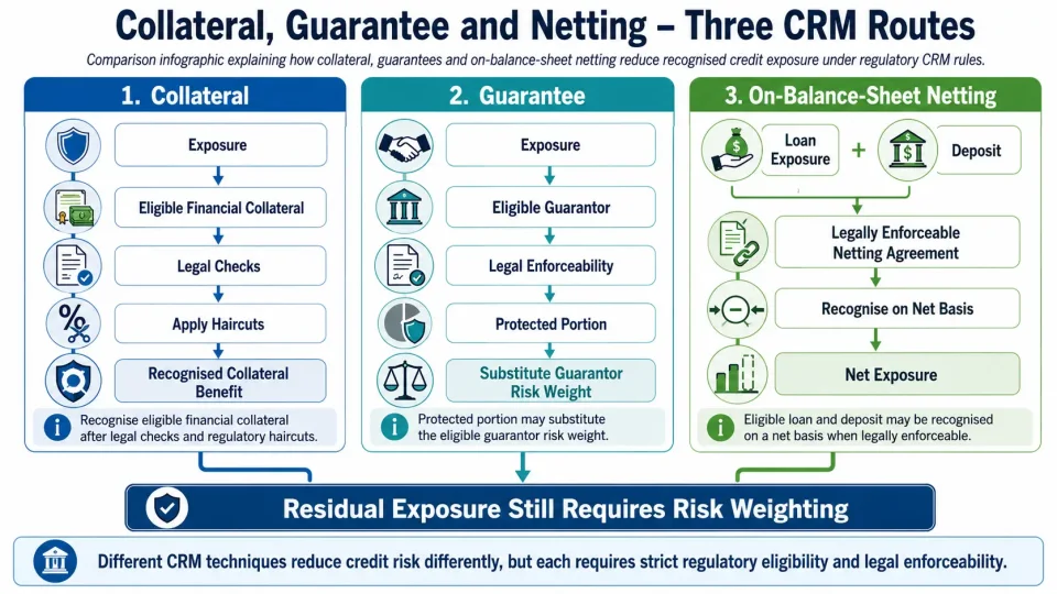 Comparison infographic explaining how collateral, guarantees and on-balance-sheet netting reduce recognised credit exposure under regulatory CRM rules.