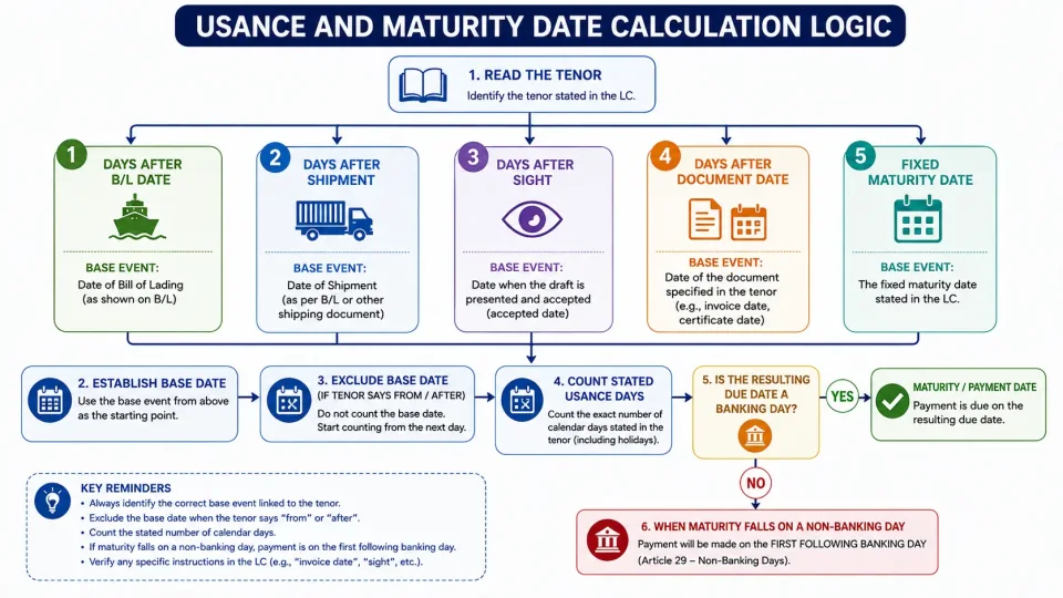 Flowchart explaining how to select the correct base date and determine maturity for common usance LC tenors.