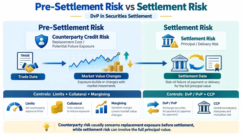 Timeline showing how counterparty credit risk exists before settlement and principal settlement risk becomes critical on settlement day.
