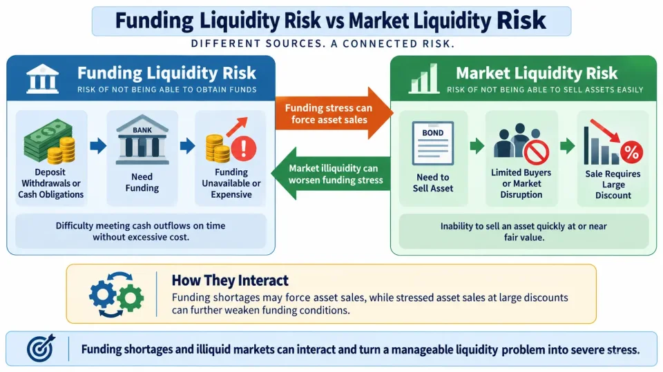 Comparison infographic explaining funding liquidity risk and market liquidity risk and how the two can reinforce each other during stress.