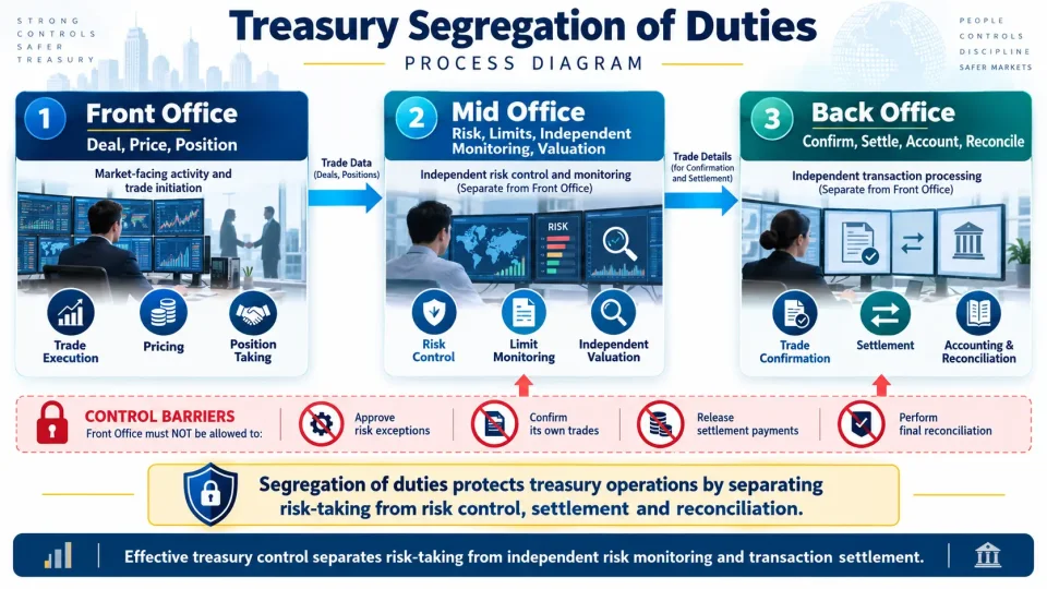 Process diagram showing segregation between treasury Front Office dealing, Mid Office risk control, and Back Office settlement and reconciliation.