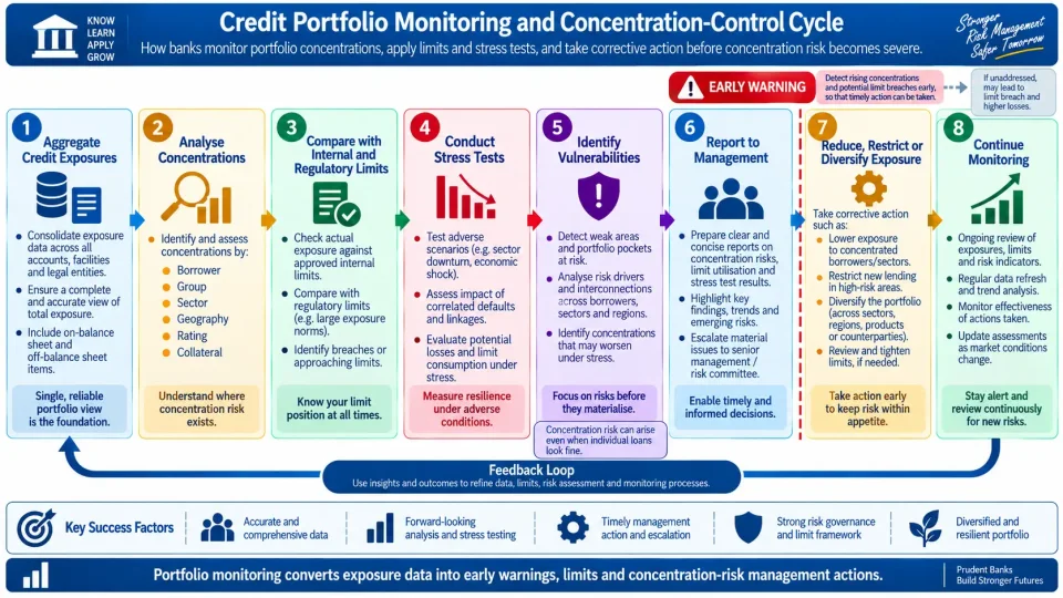 Process diagram showing how banks aggregate credit exposures, identify concentrations, apply limits and stress tests, and take portfolio-level corrective action.