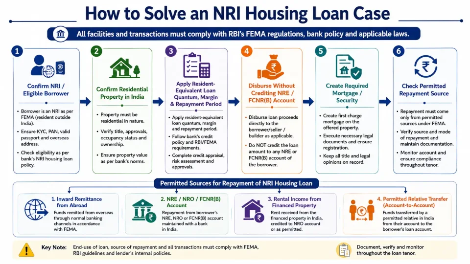 Process diagram showing the regulatory decision steps for evaluating an NRI housing loan and its permitted repayment sources.