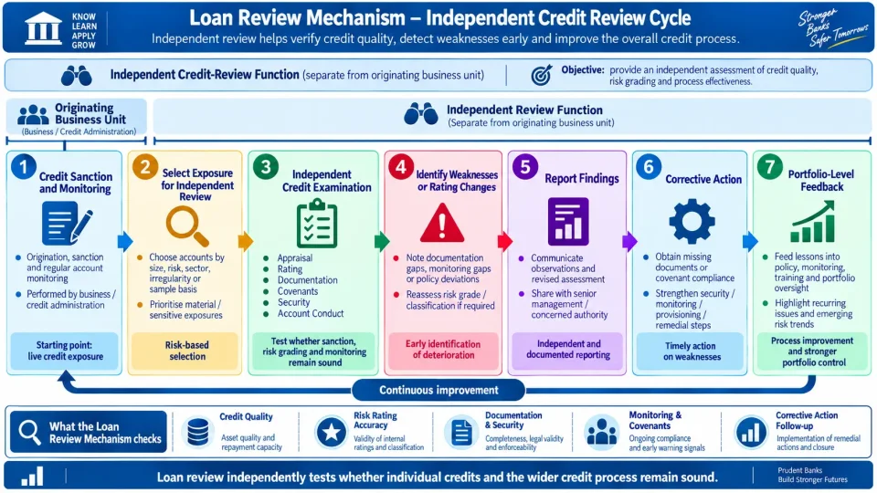 Process diagram explaining how an independent loan review checks credit quality, ratings, documentation and monitoring before recommending corrective action.