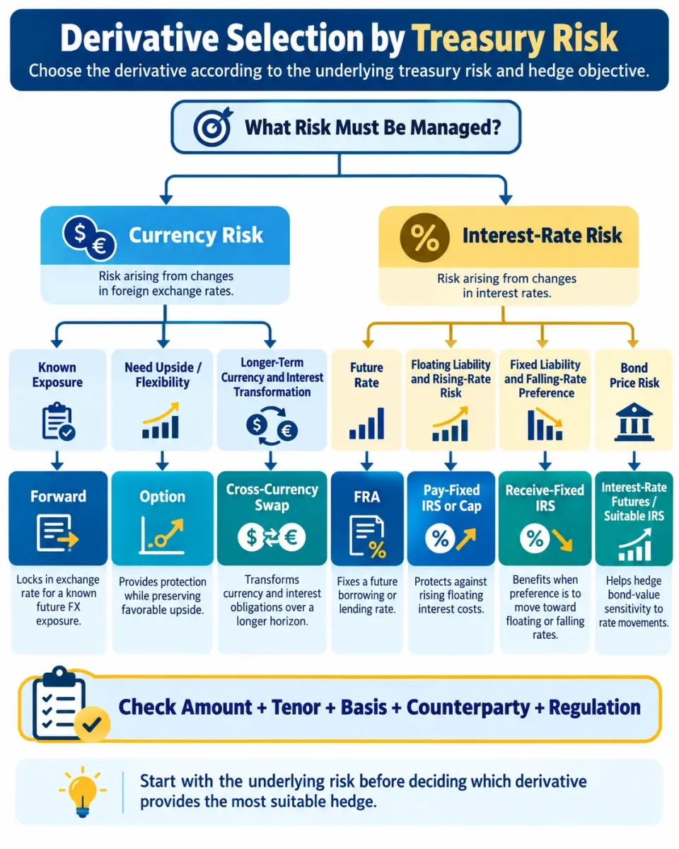 Decision tree showing treasury derivative selection for currency, interest-rate and bond-price risks using forwards, options, FRAs, swaps and futures.