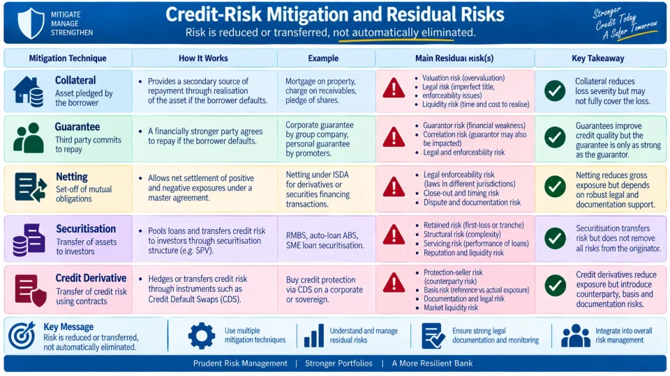 Risk matrix showing credit-risk mitigation methods and the residual risks that remain after using collateral, guarantees, securitisation and derivatives.