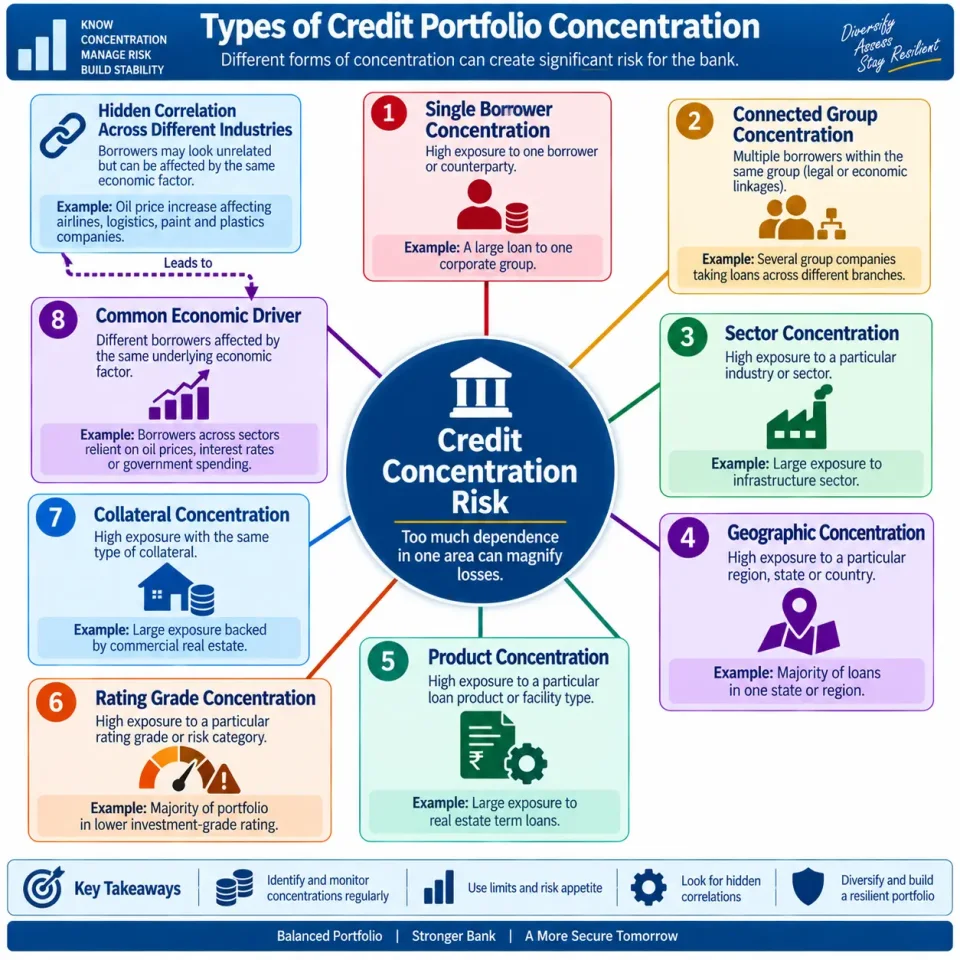 Concept map explaining borrower, group, sector, geographic, product, collateral and hidden economic concentrations in a bank credit portfolio.