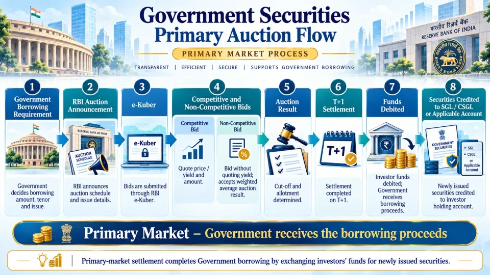 Process diagram showing Government securities issuance through RBI e-Kuber auctions, bidding, allotment and T+1 settlement into securities accounts.