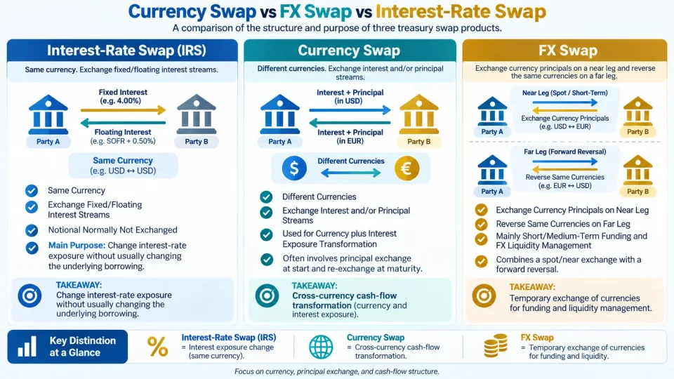 Comparison infographic distinguishing interest-rate swaps, currency swaps and foreign-exchange swaps by currency, principal exchange and cash-flow structure.