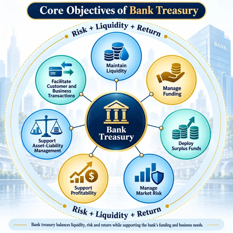 Concept map explaining the major objectives of bank treasury, including liquidity, funding, investment, risk management, profitability and ALM.