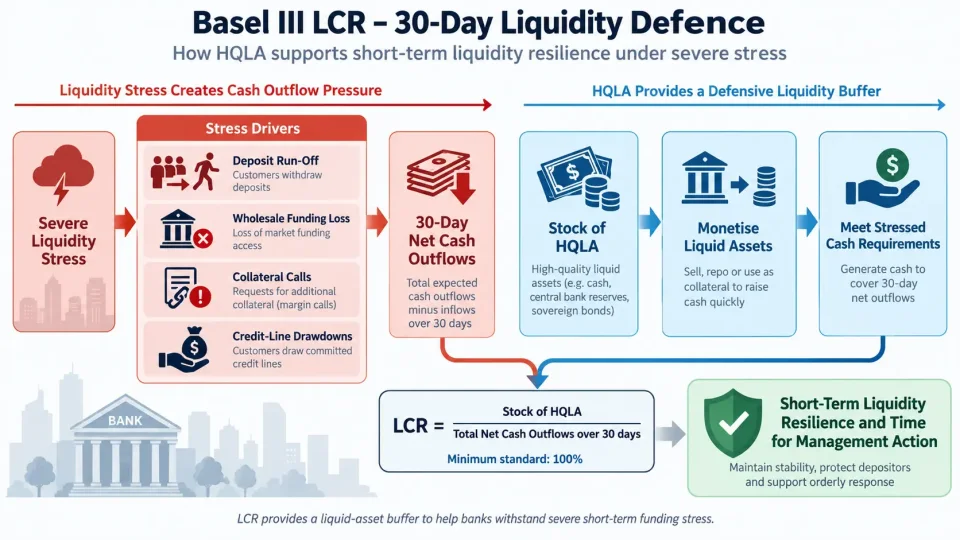 Process diagram explaining how the Basel III Liquidity Coverage Ratio uses high-quality liquid assets to meet stressed cash outflows over 30 days.