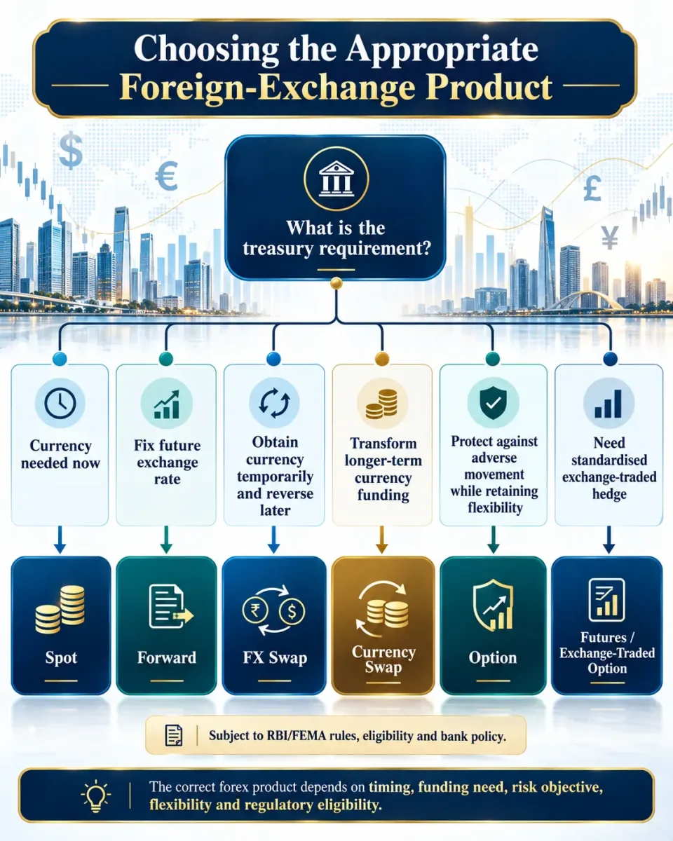 Decision tree showing when treasury may use spot, forward, FX swap, currency swap, option or futures for different foreign-exchange requirements.